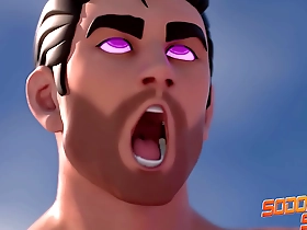 Muscular men engage in gay sex acts in an animated video.