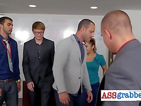 Blindfolded gay hunk enjoys threesome while being fisted and fucked in office