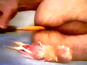 Gay masturbation and doll play with added kink of skirt and anal penetration.