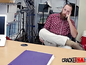 All American gay man gives blow job to director’s big black dick in office setting
