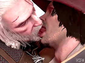 Gay video game characters Geralt and Obbi share a hot kiss with tongue