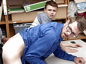 Gay officer catches a sneaky twink stealing merchandise and puts him in handcuffs.