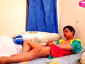 Young and straight solo guy masturbates in step sister’s bedroom after the bath