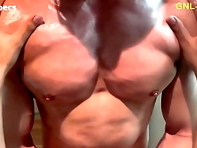 Muscular Asian man showing off his muscles with special focus on his big biceps