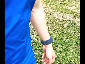 Gay Asian man goes for a jog outdoors and shows off his body.