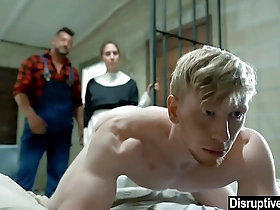 Muscular hunk dominates and deepthroats in gay BDSM porn